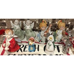 Angel Bell Ornament figurines ceramic silver  Vintage Lot of 8
